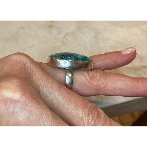Sterling Silver 925 Turquoise Statement Ring Size‎ 7.5 Oval Stone Band - Picture 6 of 7